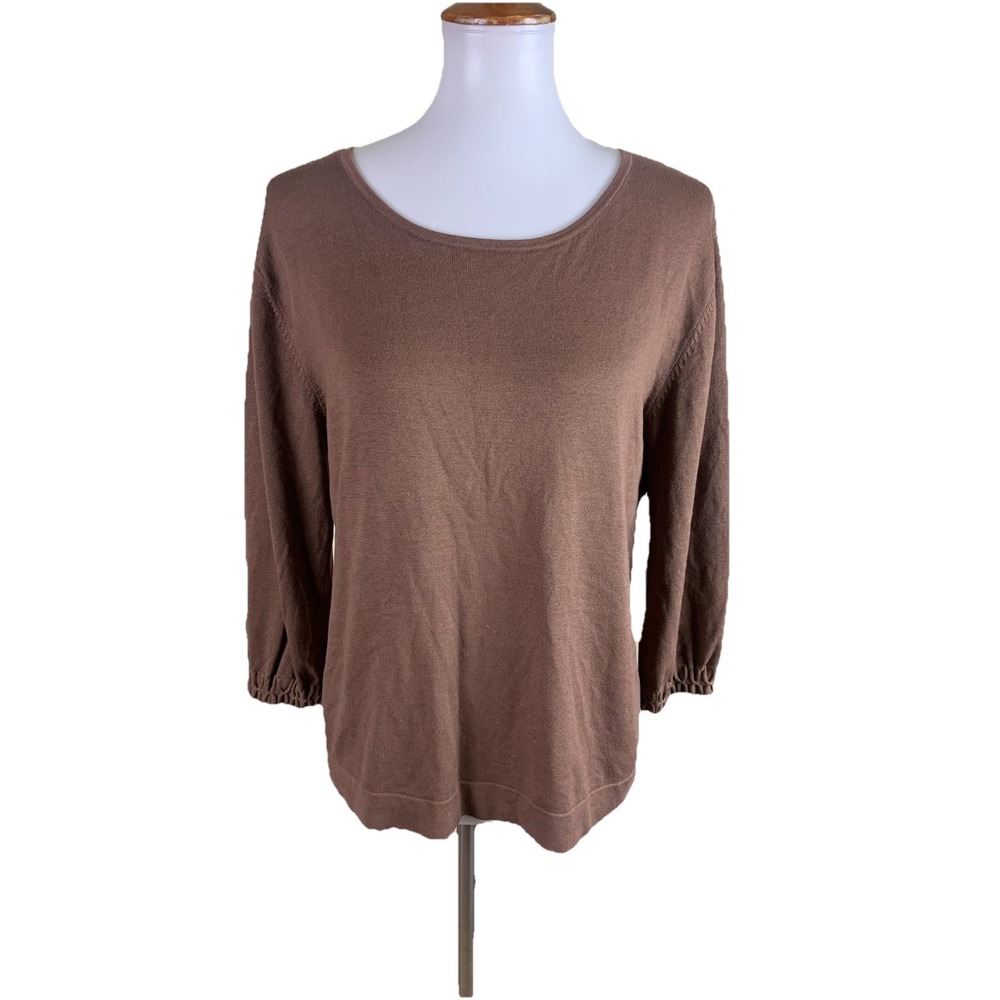 Mary McFadden Brown Silk Blend Knit Top Ruched Sleeve Lightweight Medium